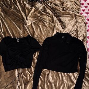 Forever 21 Black Ribbed Short-Sleeve Drawstring Crop Top